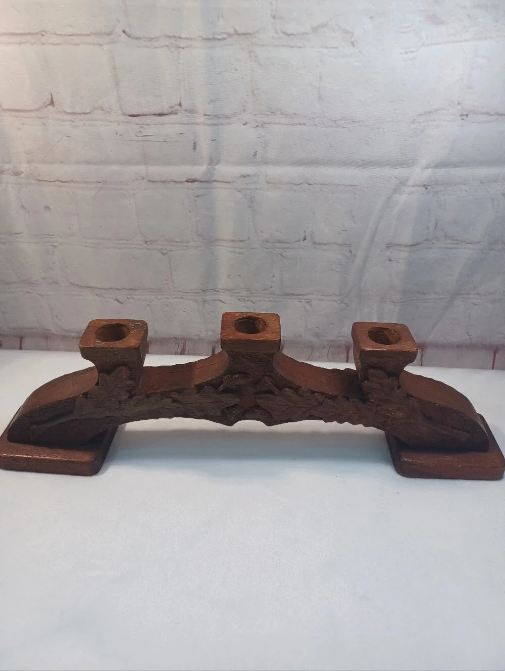 Hand Carved Solid Wood 3 Taper Candle Holder Oak Leaf & Acorn Rustic Centerpiece